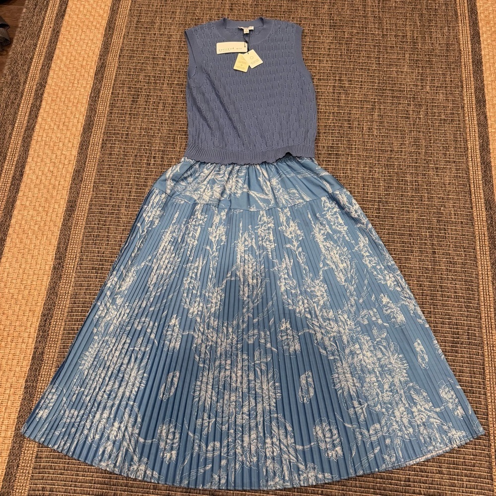 Current Air Light Blue Knit Tank with Pale Blue Floral Pleated Skirt